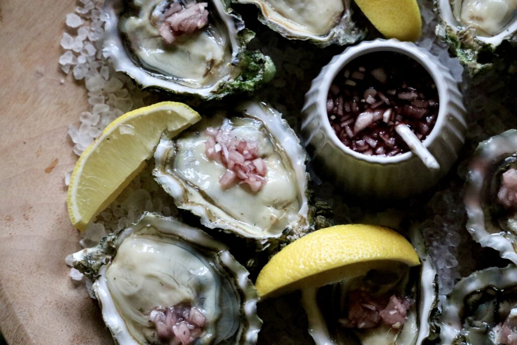 Samish Gold Seafoods shucked oysters with Bow Hill Blueberry brine mignonette