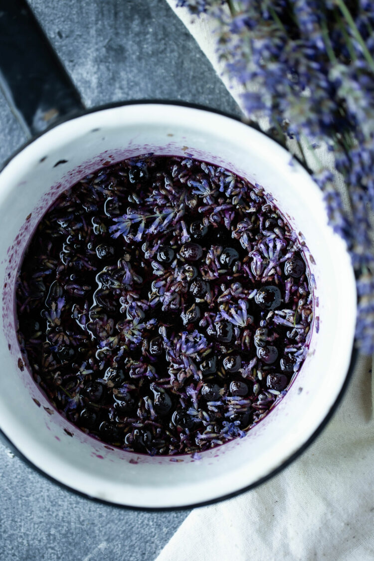 Lavender steeping in Blueberry Lavender Simple Syrup Recipe